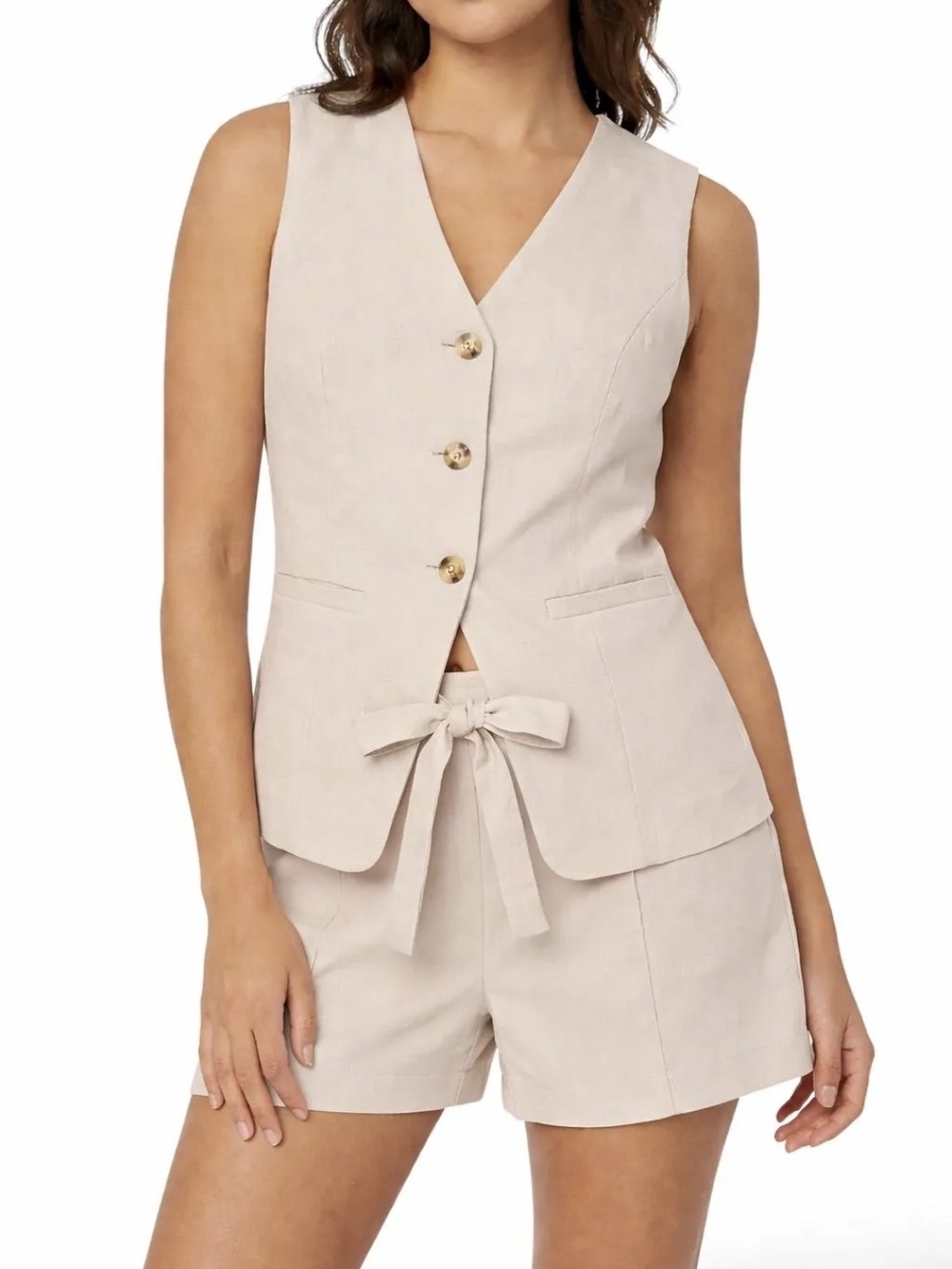 THE WORKSHOP -Sleeveless Tie-Waist Vest & Short Set - Beige